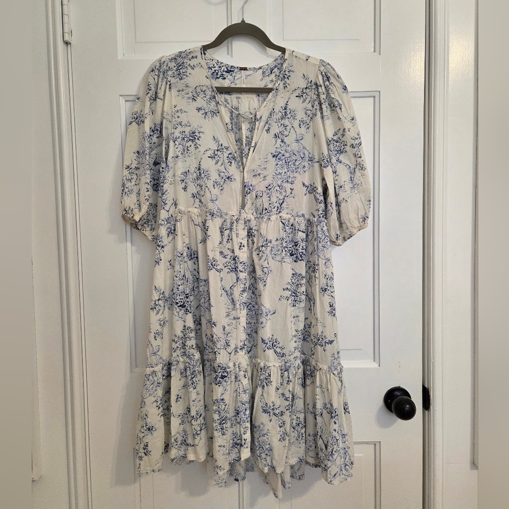 Free People Someday Somewhere Blue & White Floral Combo Midi Dress Large